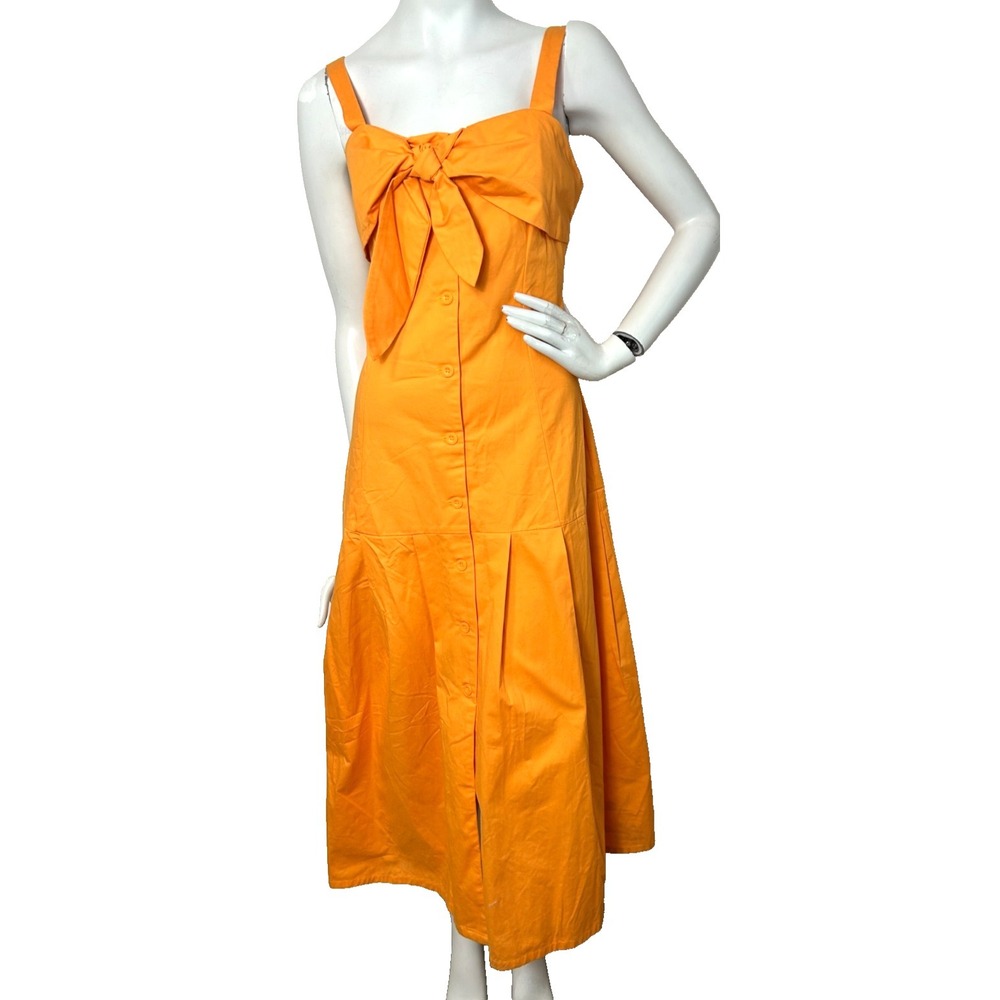 Fore Tie Bust Midi Dress Size Large Orange Sleeveless Button Down Cotton NWT